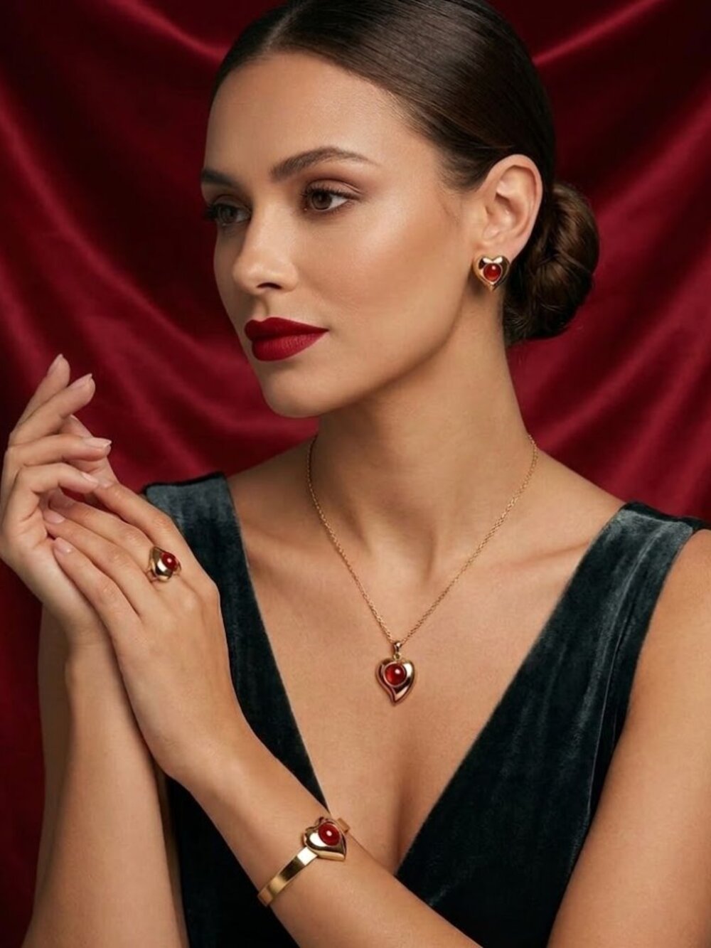 18K Gold Plated Stainless Steel 4pcs Red Stone Necklace Jewelry Set